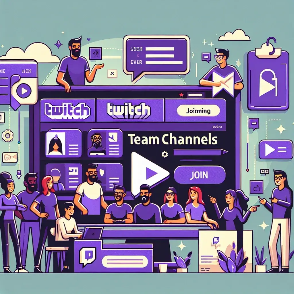 "Imagen de un equipo en Twitch interactuando en un canal de transmisión en vivo, mostrando un chat en tiempo real y los logotipos de los jugadores, representando la comunidad de canales de equipo en la plataforma de streaming. Aprende cómo unirte a un canal de equipo en Twitch."